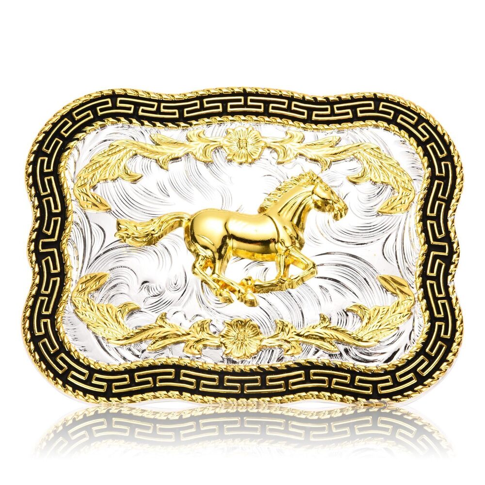 9318 Western Horse Belt Buckle , Cowboy Belt Buckles Golden Horse Floral